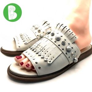 SCHUTZ LIGHT TAUPE LEATHER SLIDE SANDALS WITH BEADING (36)